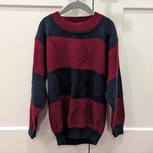 VINTAGE kids Burgandy and navy chunky knit crewneck sweater - Picture 4 of 7
